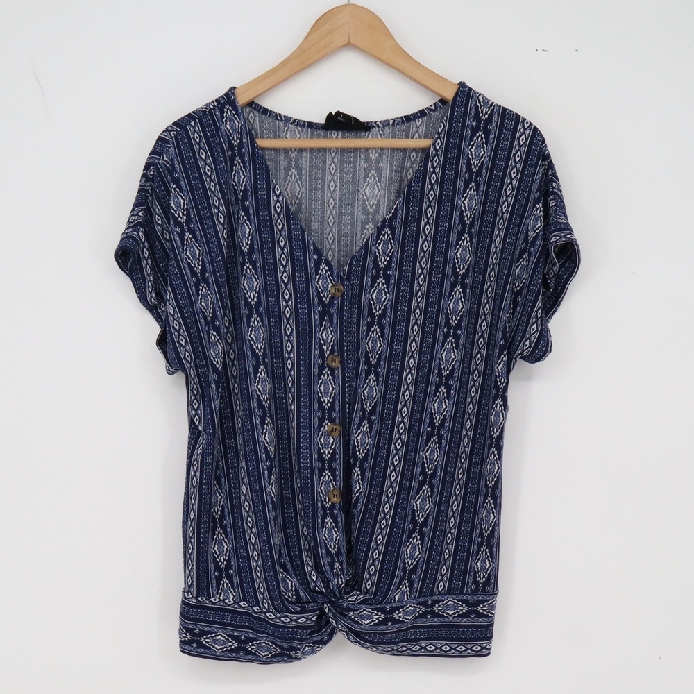 Flower & Feather Top Womens L Blue Tribal Twist Knot Excellent